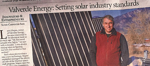 Larry Mapes and solar panel company, Valverde Energy feature article in the Taos News, 2012